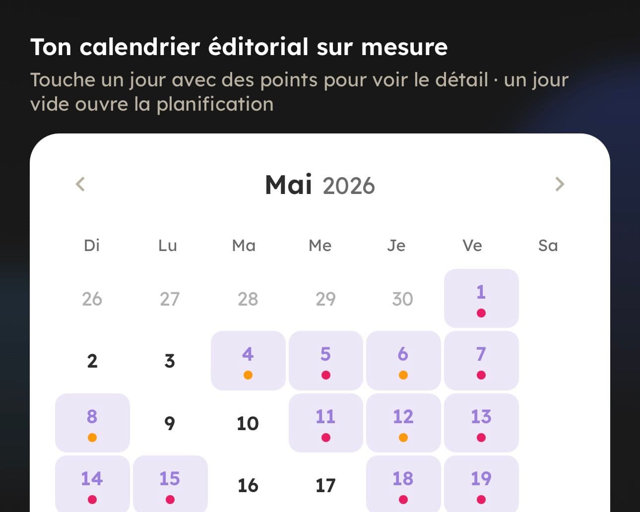 Aperçu Planning éditorial dans l'app Clutch